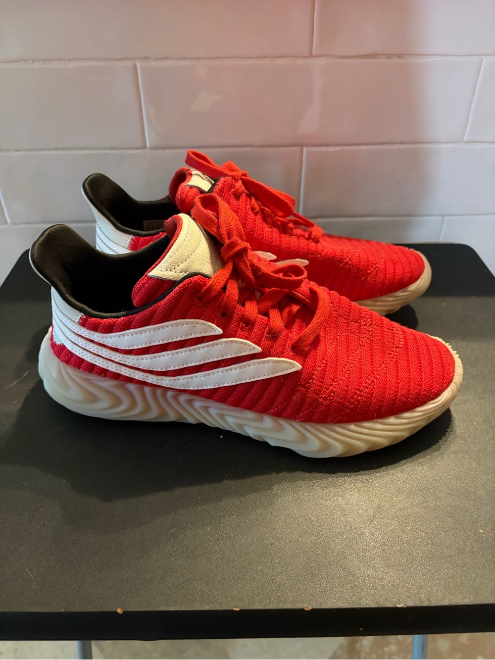 adidas Red Knit Sneakers with White Stripes